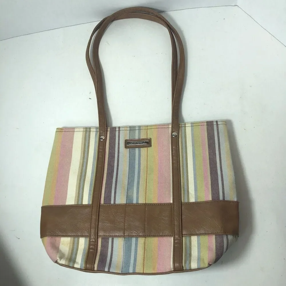 Longaberger Homestead Striped Purse Handbag Tote Bag Pastel Rainbow 12x9x3.5